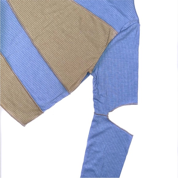 "Arctic Tease" Blue and Tan Patchwork Ribbed Knit Two Piece Matching Pants Set - Picture 5 of 5